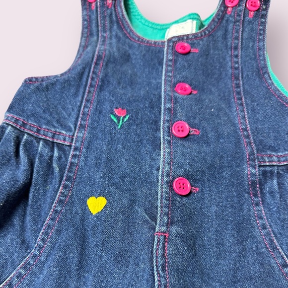 Vintage Baby All Mine Denim Blazer Overall Set Flower Fruit Pink Teal Sz 12 M - Picture 6 of 16